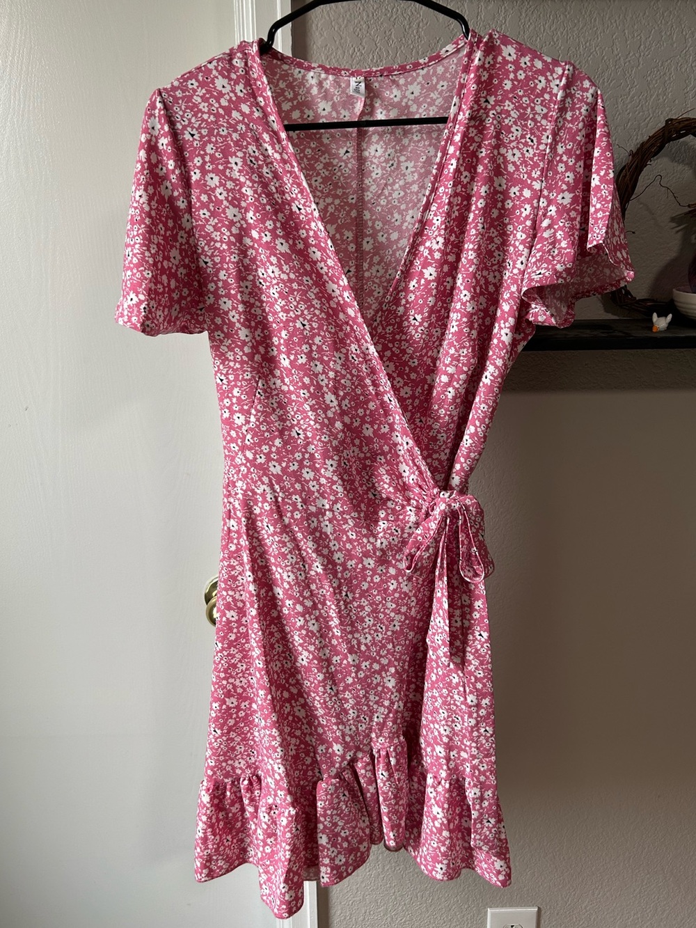 Pink Floral Wrap Mini Dress with Ruffle Hem